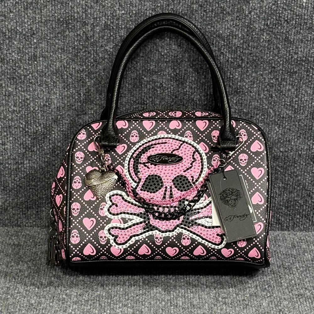 Ed Hardy Satchel Bag Womens Black Pink Skull Hearts Rhinestone Vegan NWT Rock